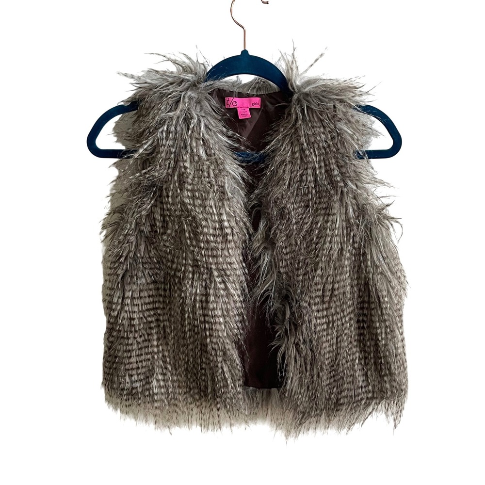 t/o Faux Fur Vest‎ Girls 7/8 Brown Grey Shaggy Boho Glam Sleeveless Jacket
